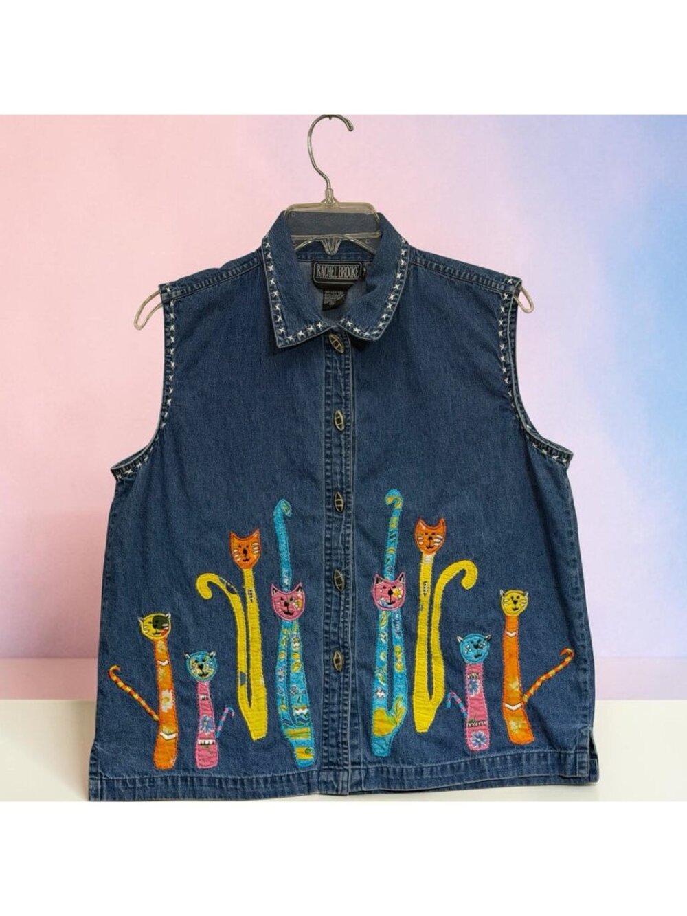 Vintage Rachel Brooke Denim Cat Vest Womens XL Kitschy Teacher Colorful